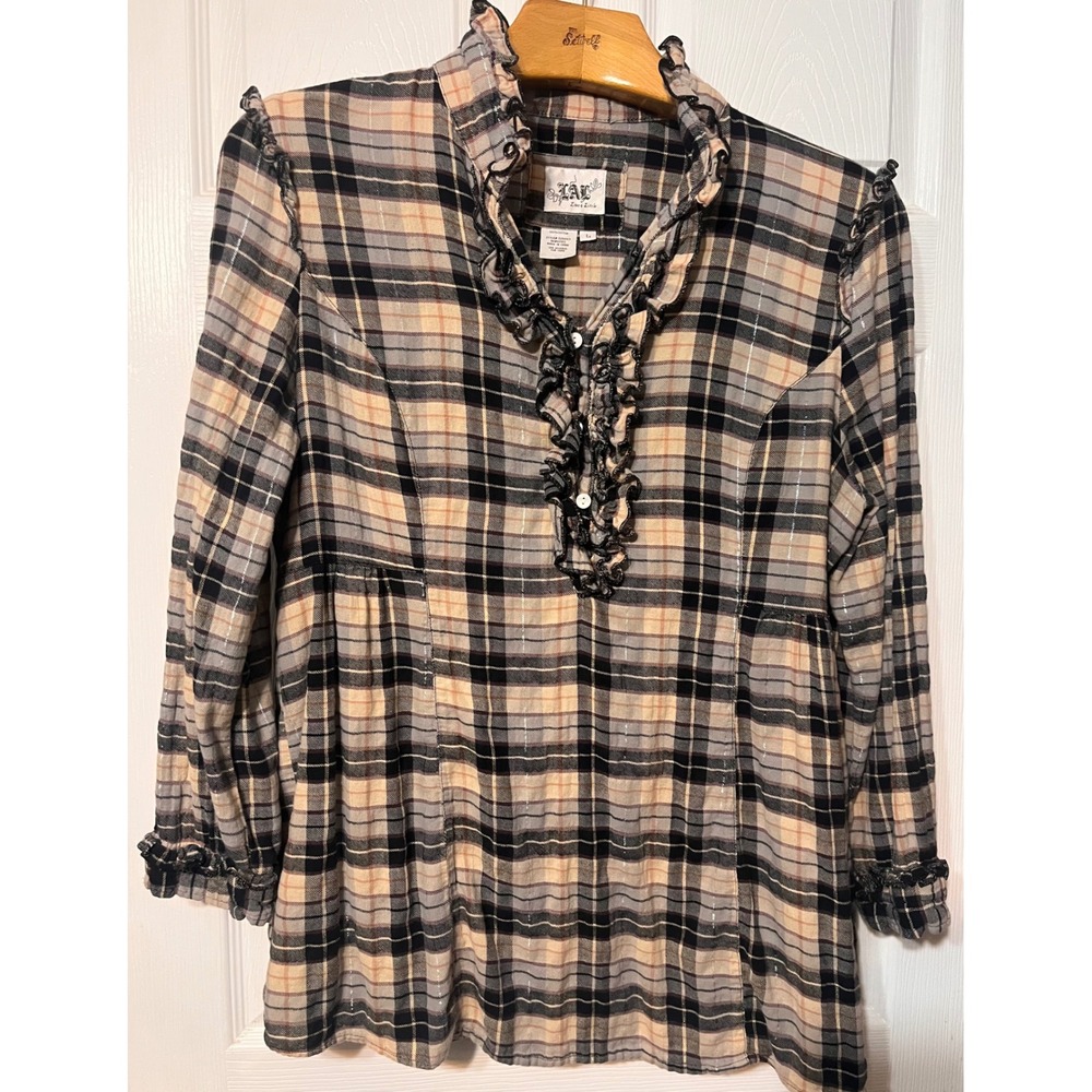 LAL Live a Little Plaid Ruffle Tunic Top Metallic Cotton Tan Black Womens L